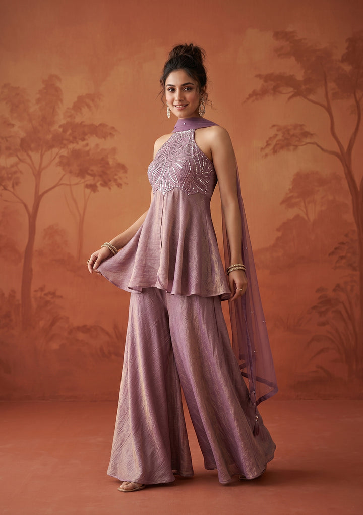 Mauve Cutdana Tissue Readymade Salwar Suit