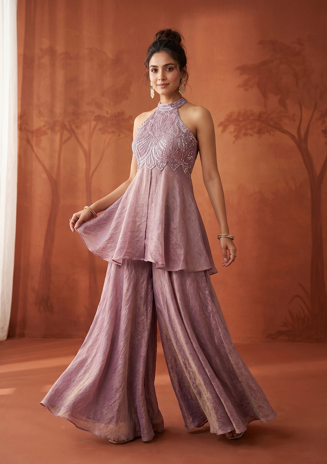 Mauve Cutdana Tissue Readymade Salwar Suit