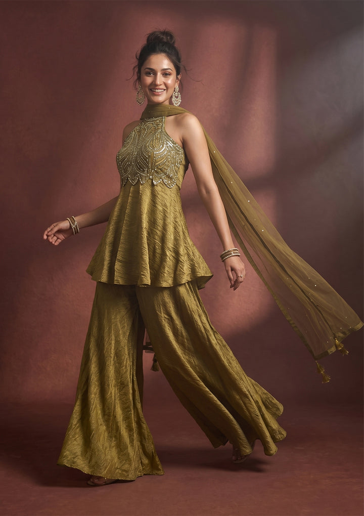 Mehendi Cutdana Tissue Readymade Salwar Suit