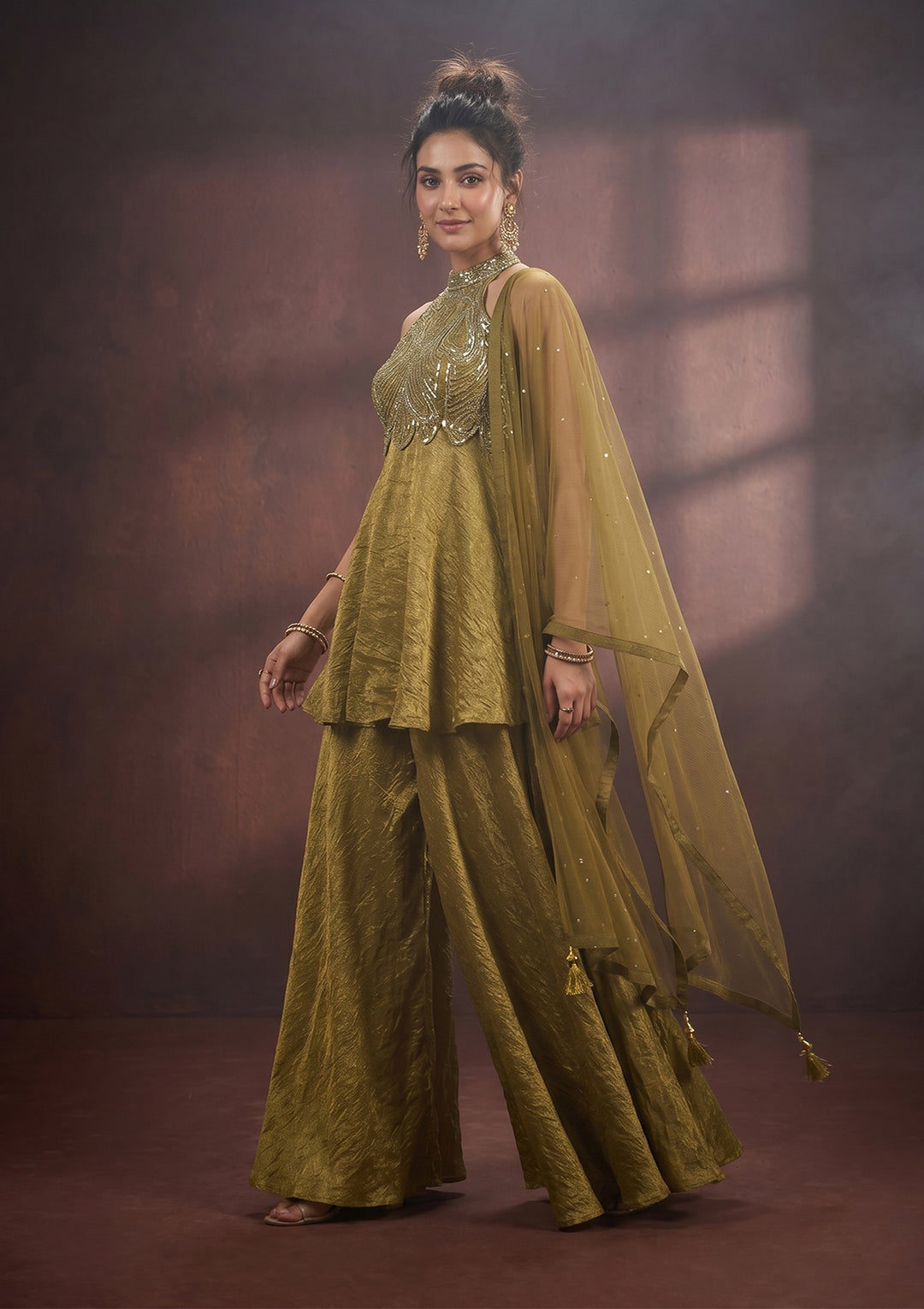Mehendi Cutdana Tissue Readymade Salwar Suit