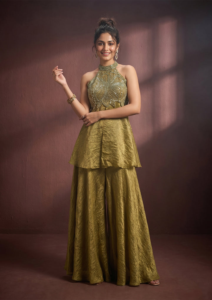 Mehendi Cutdana Tissue Readymade Salwar Suit