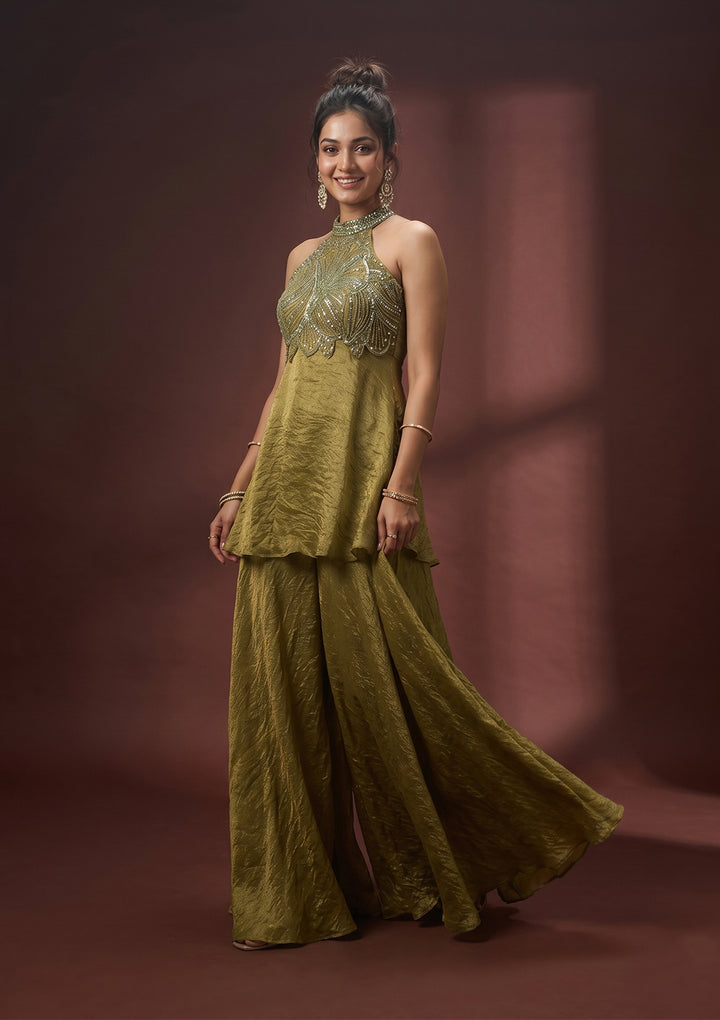 Mehendi Cutdana Tissue Readymade Salwar Suit