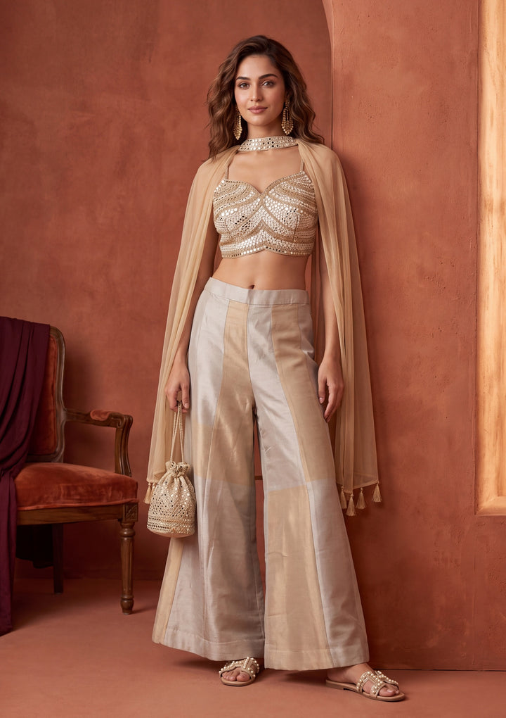 Beige Mirrorwork Tissue Readymade Salwar Suit