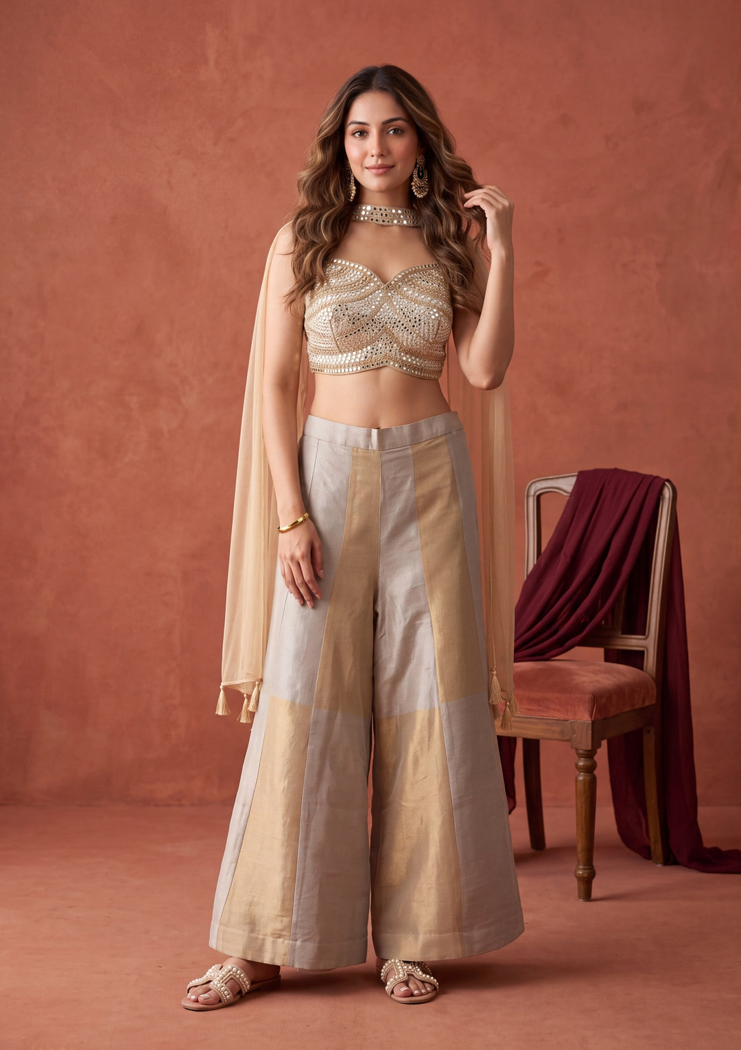 Beige Mirrorwork Tissue Readymade Salwar Suit