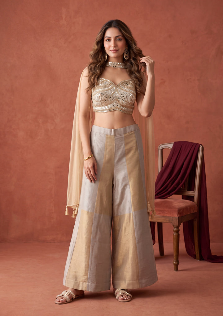 Beige Mirrorwork Tissue Readymade Salwar Suit