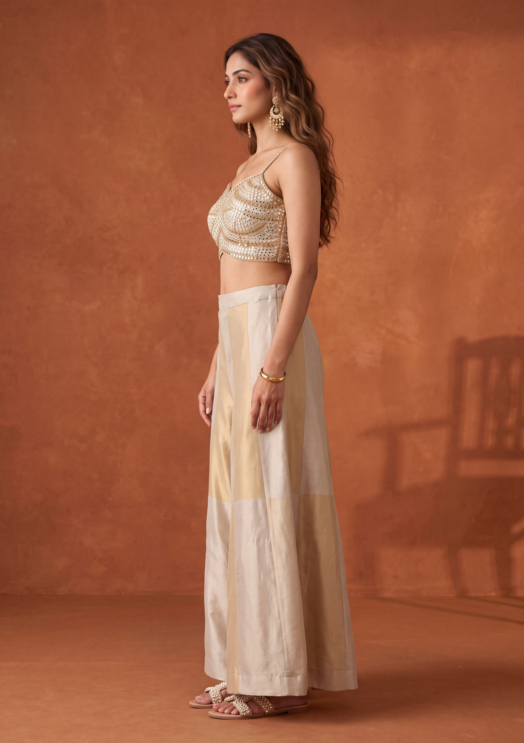 Beige Mirrorwork Tissue Readymade Salwar Suit