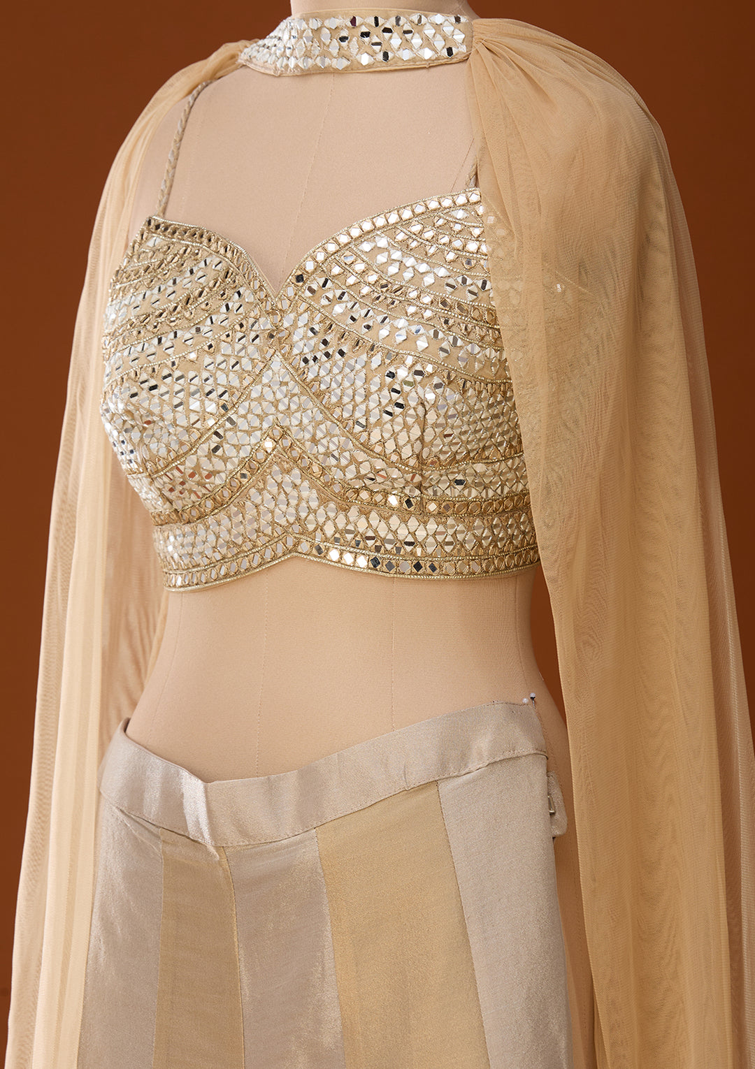 Beige Mirrorwork Tissue Readymade Salwar Suit