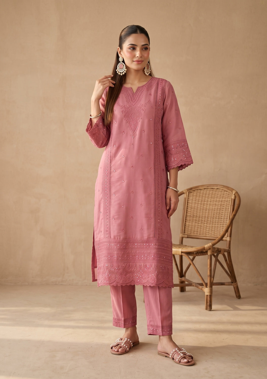 Gajari Pink Threadwork Chanderi Readymade Salwar Suit