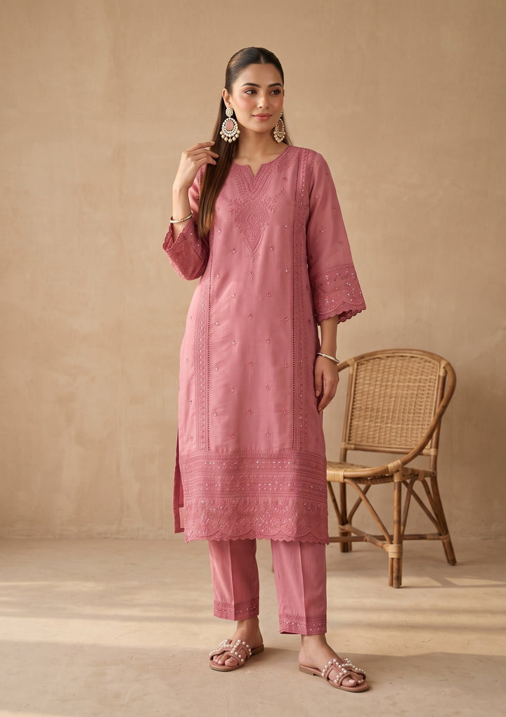 Gajari Pink Threadwork Chanderi Readymade Salwar Suit