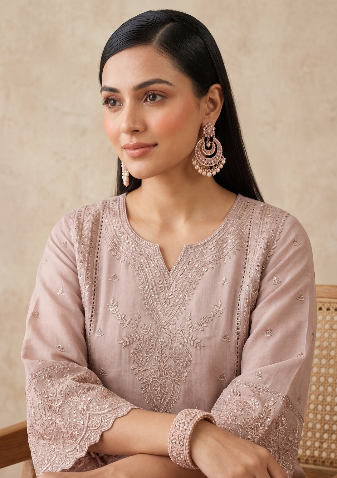 Light Brown Threadwork Chanderi Readymade Salwar Suit