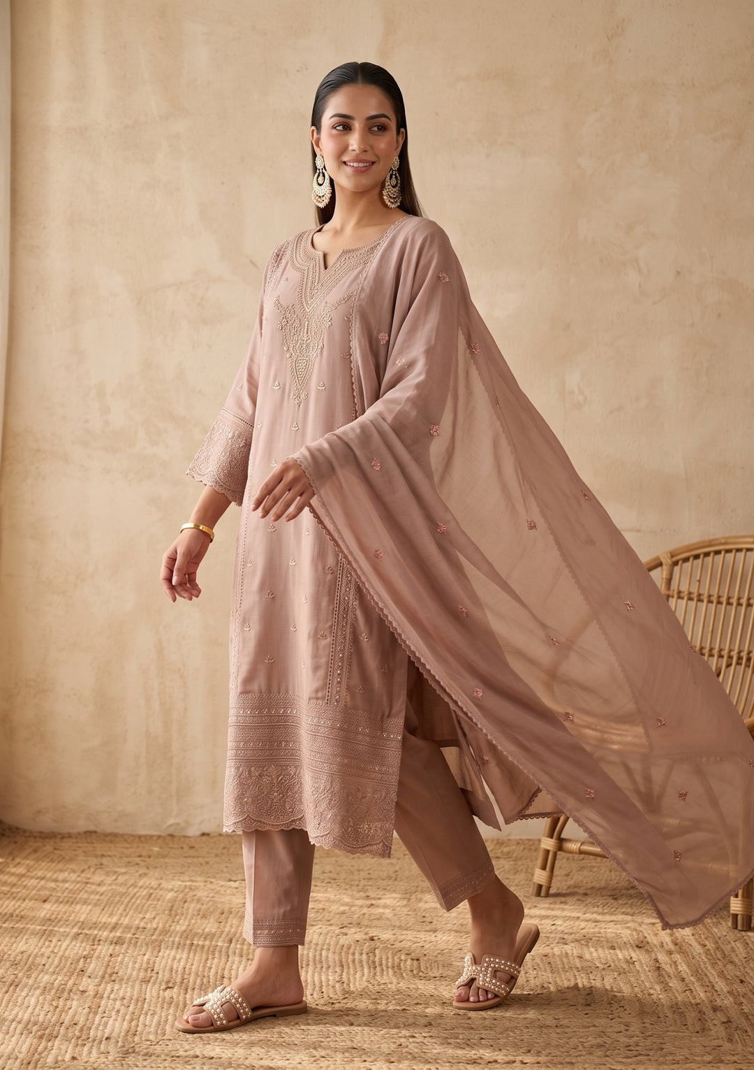 Light Brown Threadwork Chanderi Readymade Salwar Suit