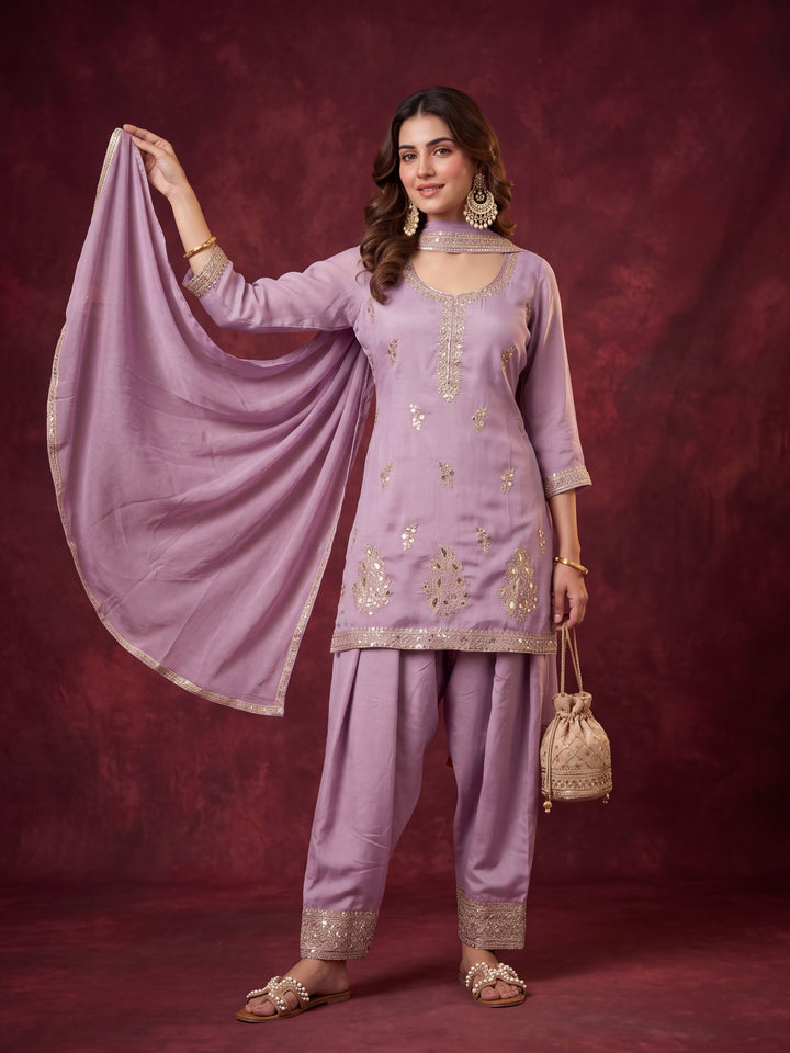 Lavender Soft Raw Silk Gold Zariwork Straight Kurta With Patiala And Dupatta