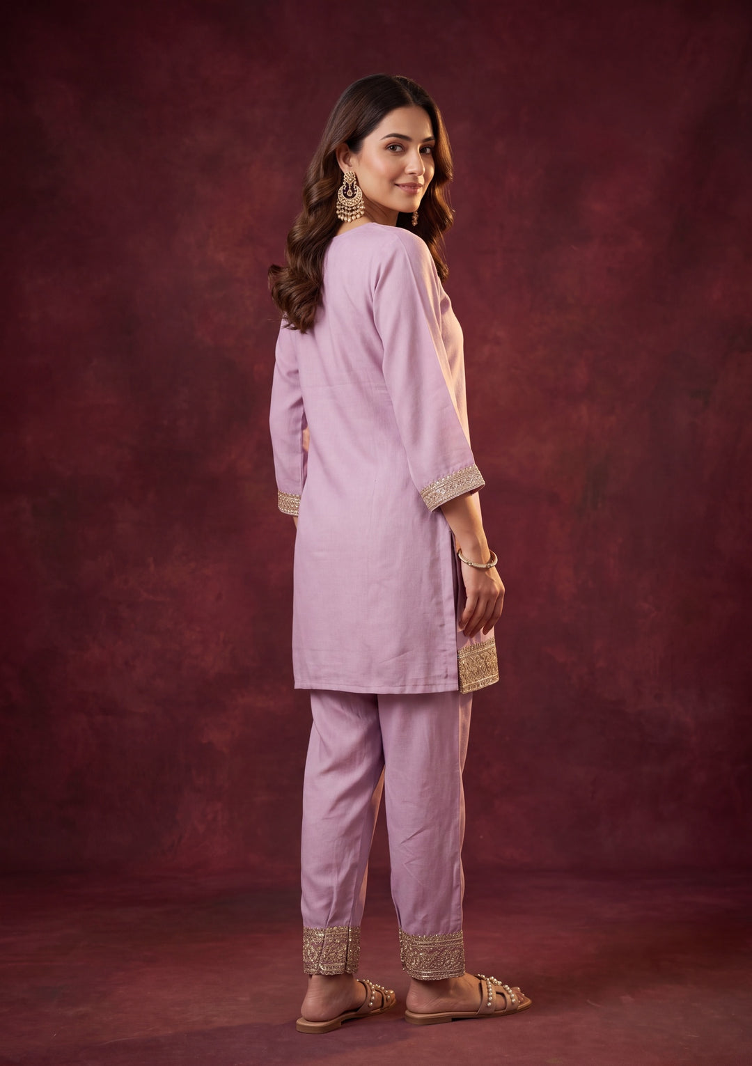 Lavender Soft Raw Silk Gold Zariwork Straight Kurta With Patiala And Dupatta