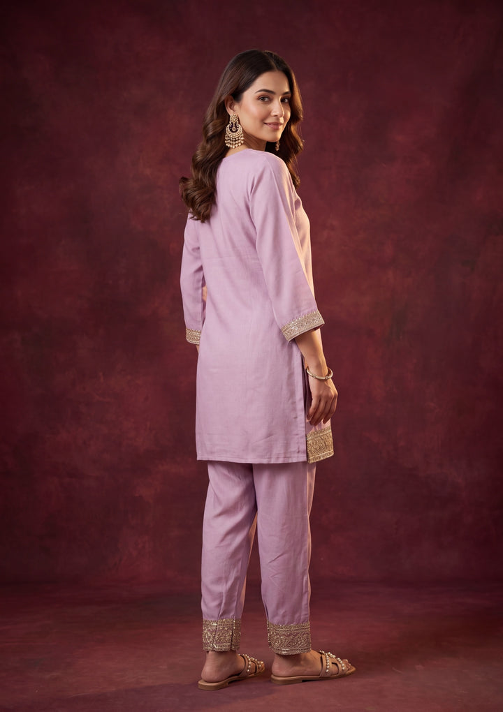 Lavender Soft Raw Silk Gold Zariwork Straight Kurta With Patiala And Dupatta