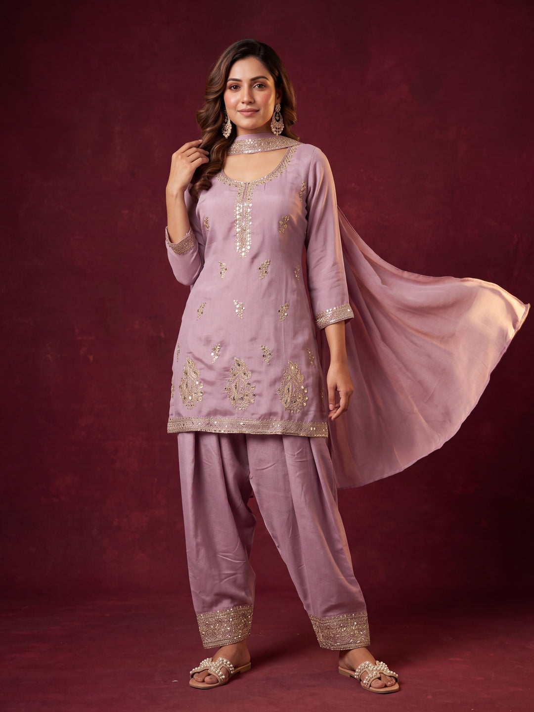 Lavender Soft Raw Silk Gold Zariwork Straight Kurta With Patiala And Dupatta