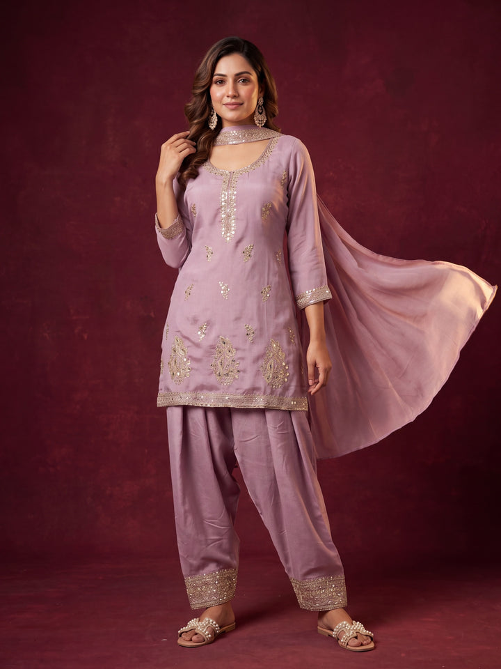 Lavender Soft Raw Silk Gold Zariwork Straight Kurta With Patiala And Dupatta