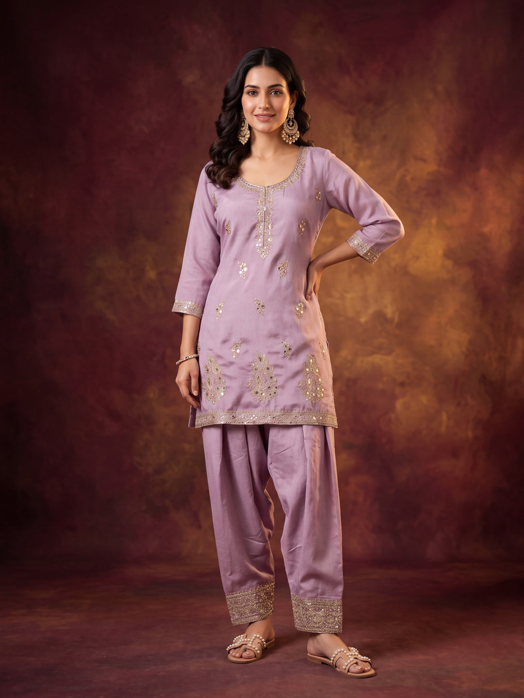 Lavender Soft Raw Silk Gold Zariwork Straight Kurta With Patiala And Dupatta