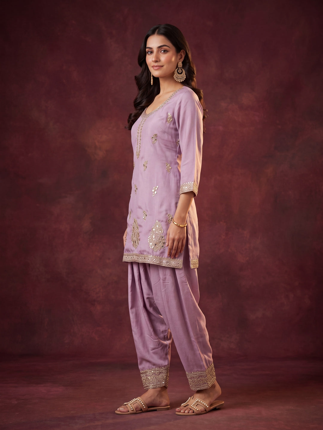 Lavender Soft Raw Silk Gold Zariwork Straight Kurta With Patiala And Dupatta