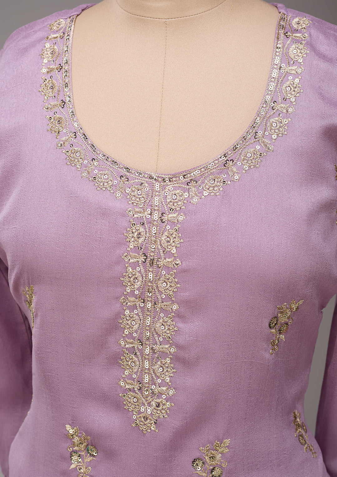 Lavender Soft Raw Silk Gold Zariwork Straight Kurta With Patiala And Dupatta