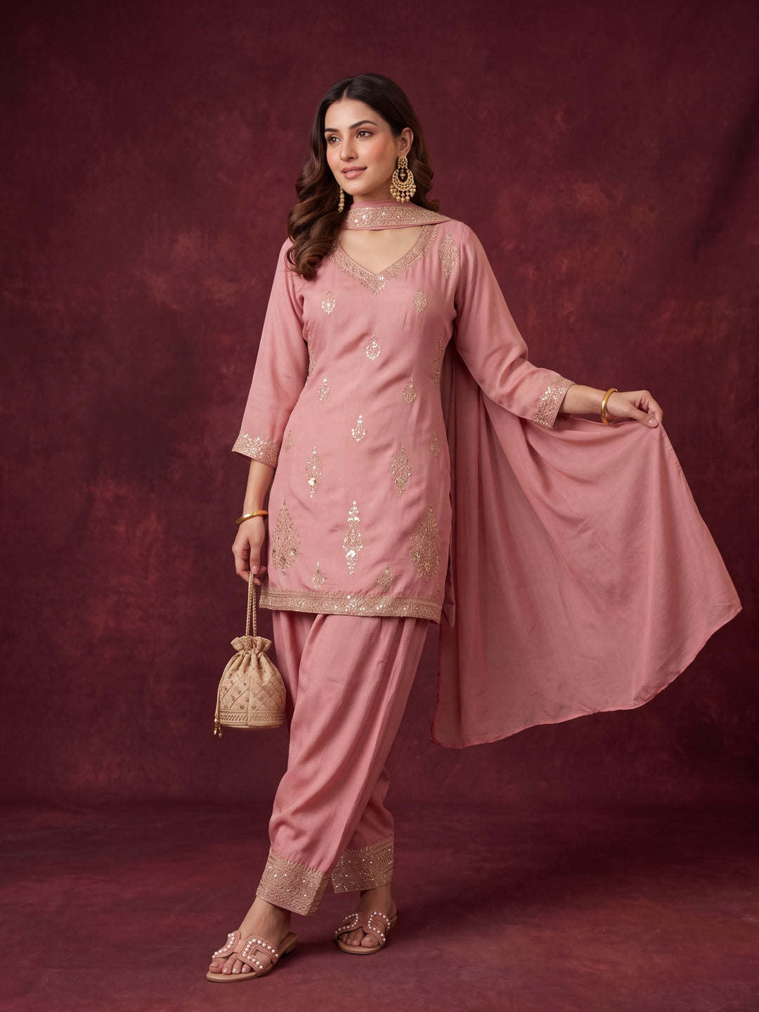 Peach Soft Raw Silk Gold Zariwork Straight Kurta With Patiala And Dupatta