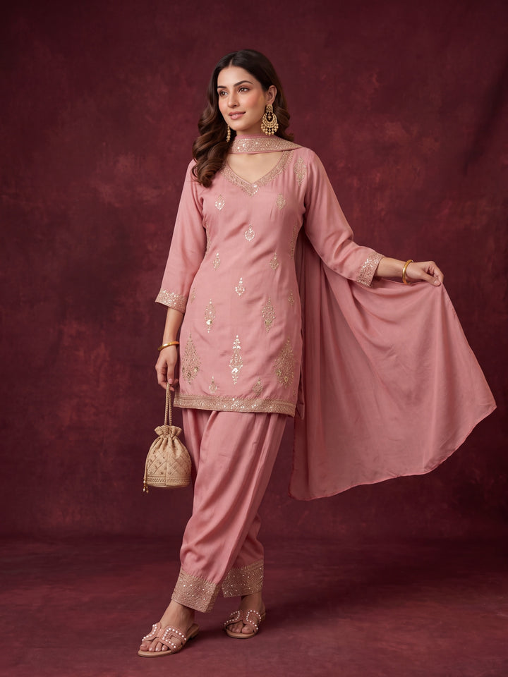 Peach Soft Raw Silk Gold Zariwork Straight Kurta With Patiala And Dupatta