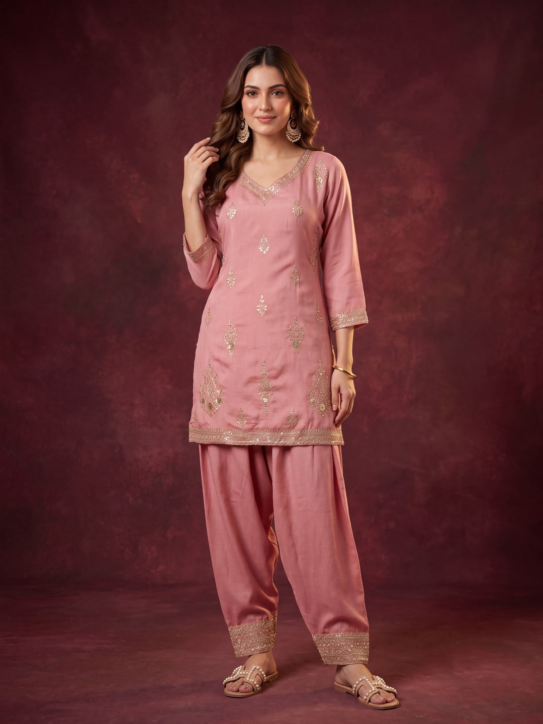 Peach Soft Raw Silk Gold Zariwork Straight Kurta With Patiala And Dupatta