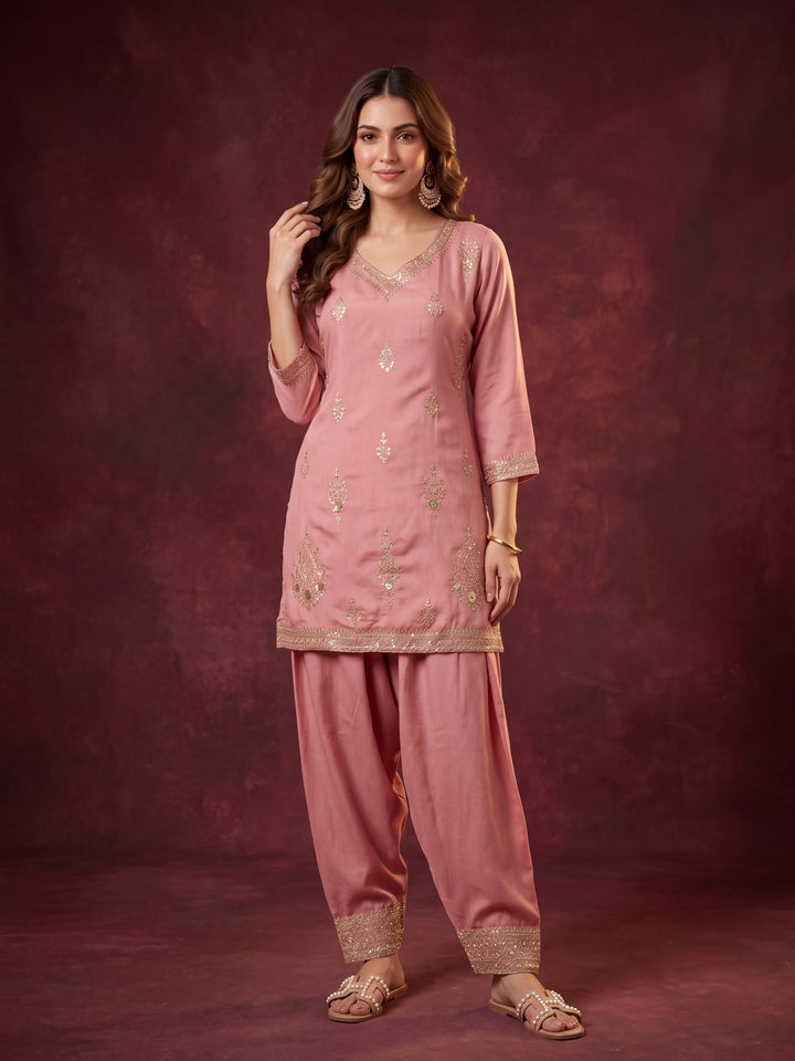 Peach Soft Raw Silk Gold Zariwork Straight Kurta With Patiala And Dupatta