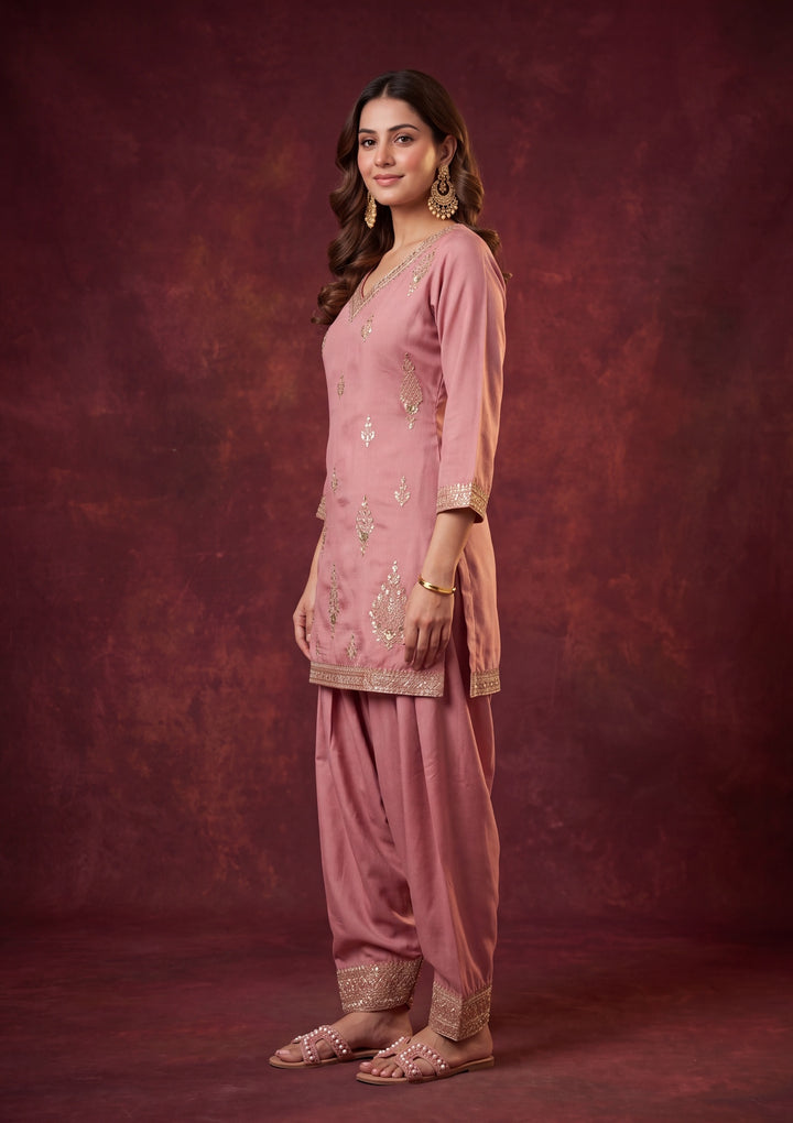 Peach Soft Raw Silk Gold Zariwork Straight Kurta With Patiala And Dupatta