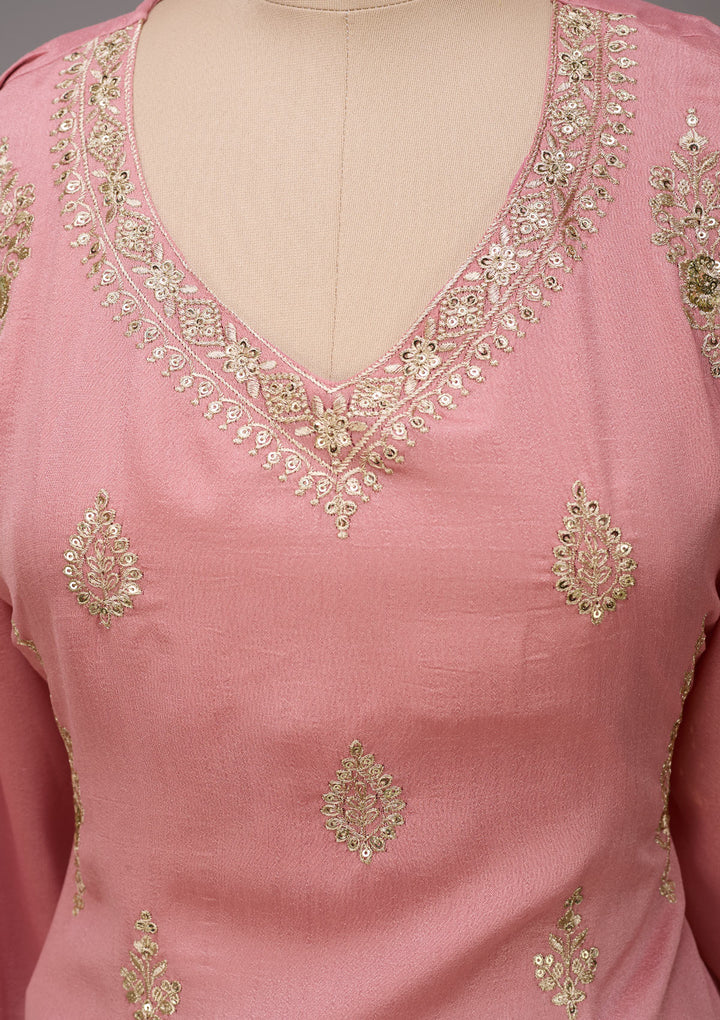 Peach Soft Raw Silk Gold Zariwork Straight Kurta With Patiala And Dupatta