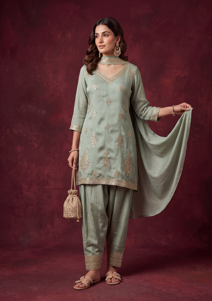 Pista Green Soft Raw Silk Gold Zariwork Straight Kurta With Patiala And Dupatta