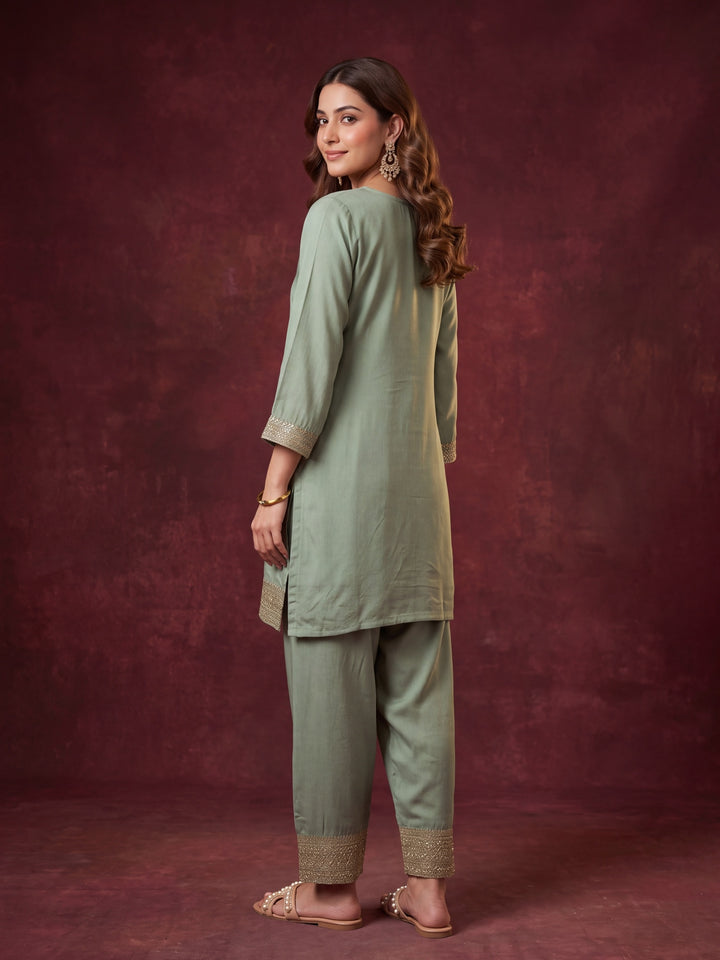 Pista Green Soft Raw Silk Gold Zariwork Straight Kurta With Patiala And Dupatta