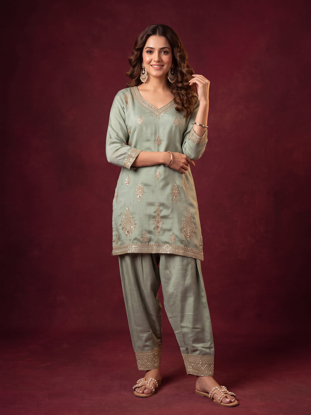 Pista Green Soft Raw Silk Gold Zariwork Straight Kurta With Patiala And Dupatta
