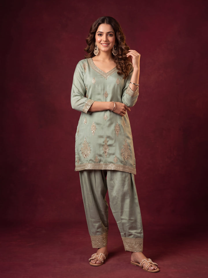 Pista Green Soft Raw Silk Gold Zariwork Straight Kurta With Patiala And Dupatta