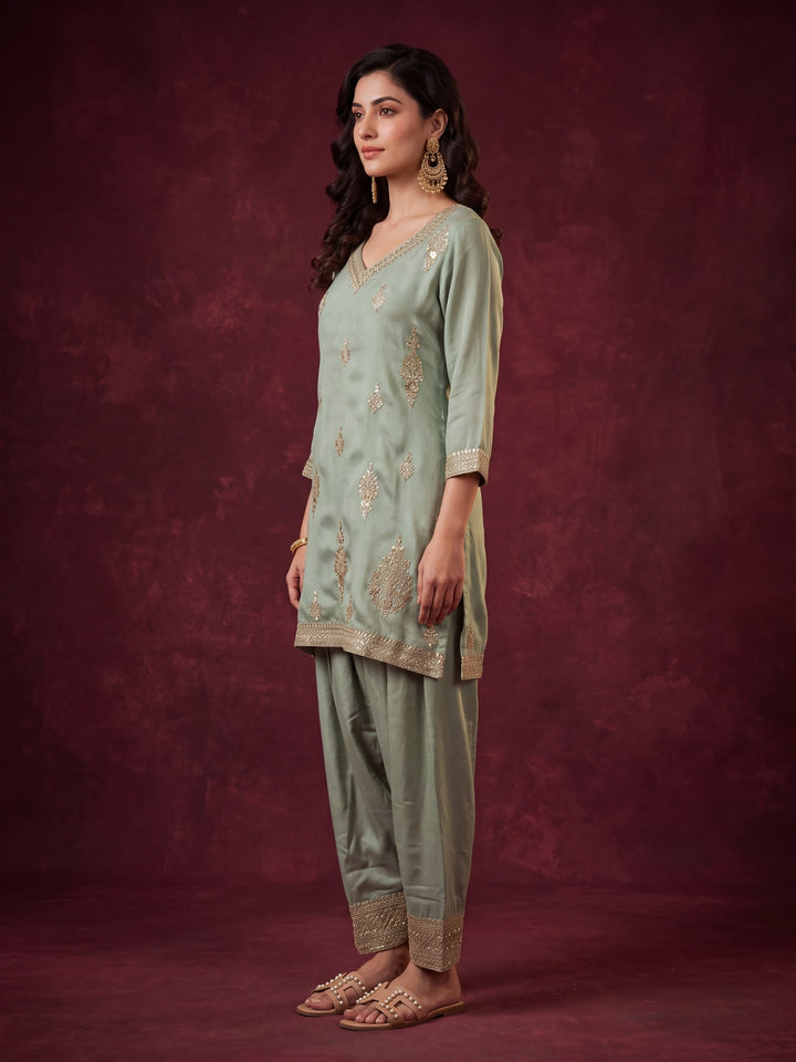 Pista Green Soft Raw Silk Gold Zariwork Straight Kurta With Patiala And Dupatta