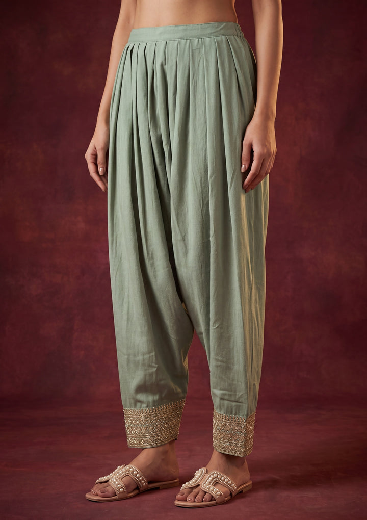 Pista Green Soft Raw Silk Gold Zariwork Straight Kurta With Patiala And Dupatta