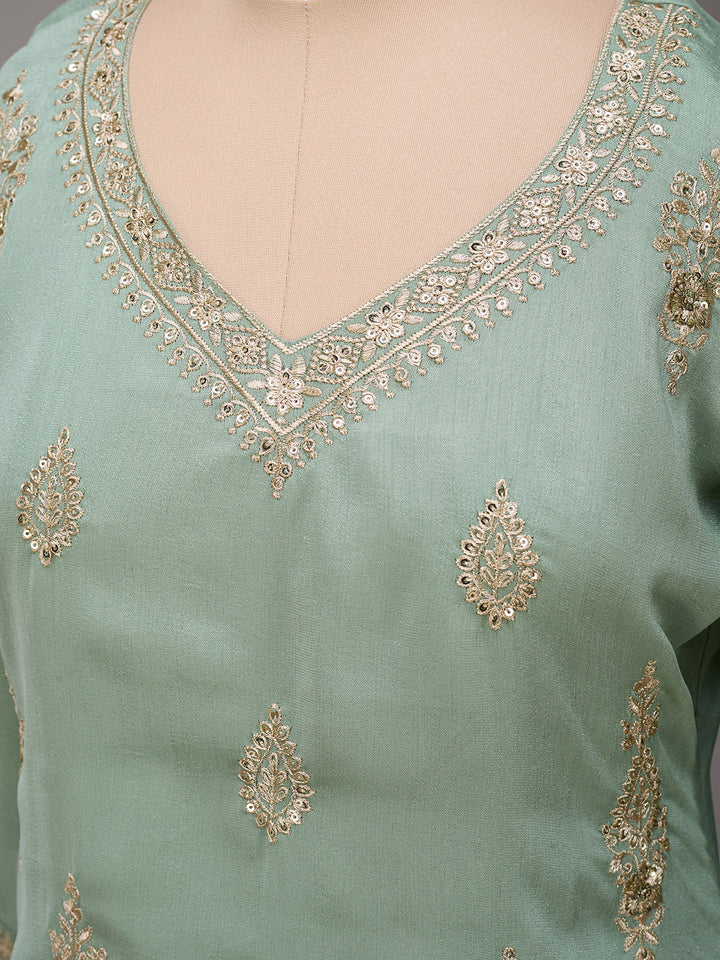 Pista Green Soft Raw Silk Gold Zariwork Straight Kurta With Patiala And Dupatta
