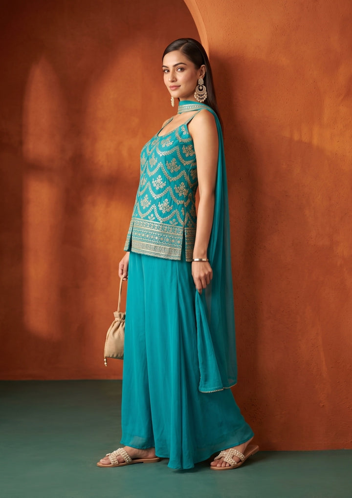 Turquoise Blue Chinon Gold Zariwork Peplum Kurta With Palazzo And Dupatta