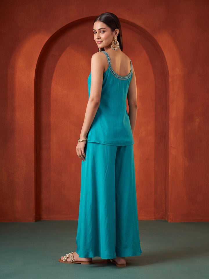 Turquoise Blue Chinon Gold Zariwork Peplum Kurta With Palazzo And Dupatta