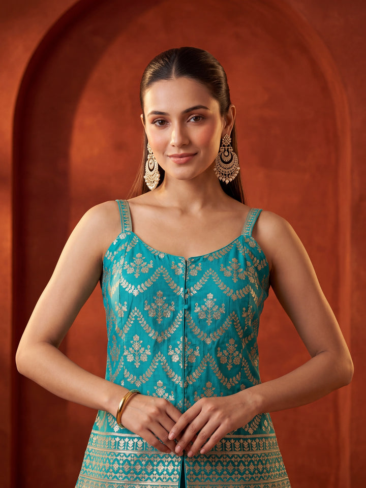 Turquoise Blue Chinon Gold Zariwork Peplum Kurta With Palazzo And Dupatta