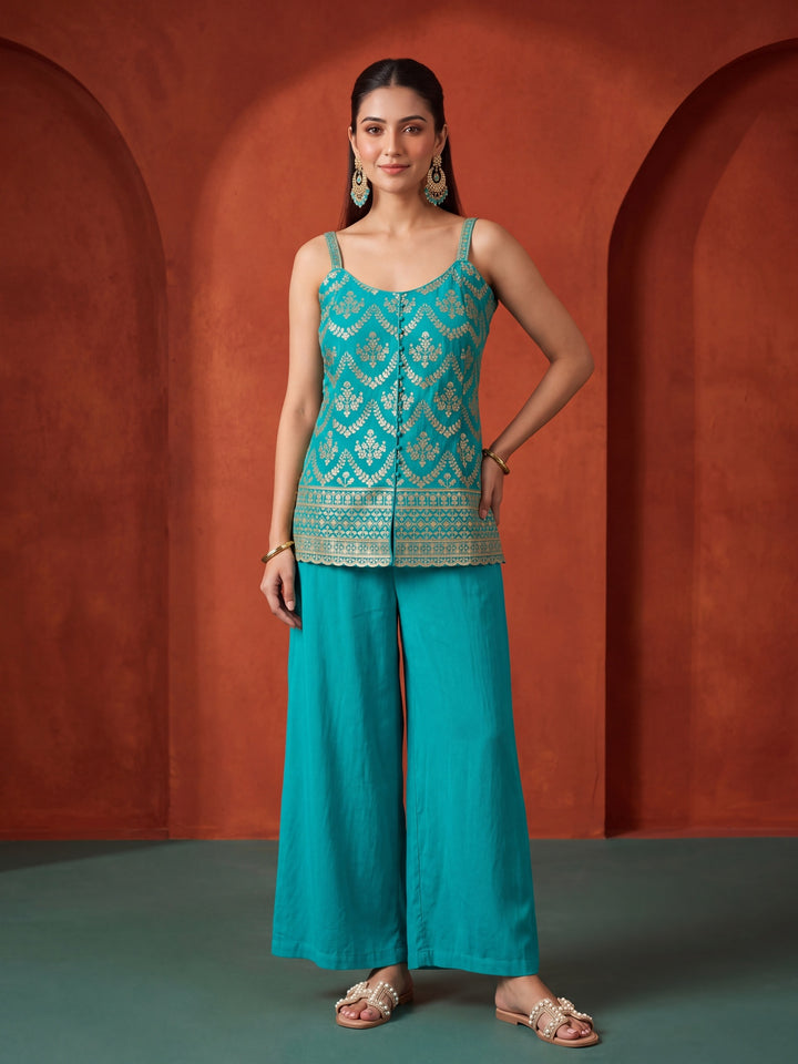 Turquoise Blue Chinon Gold Zariwork Peplum Kurta With Palazzo And Dupatta