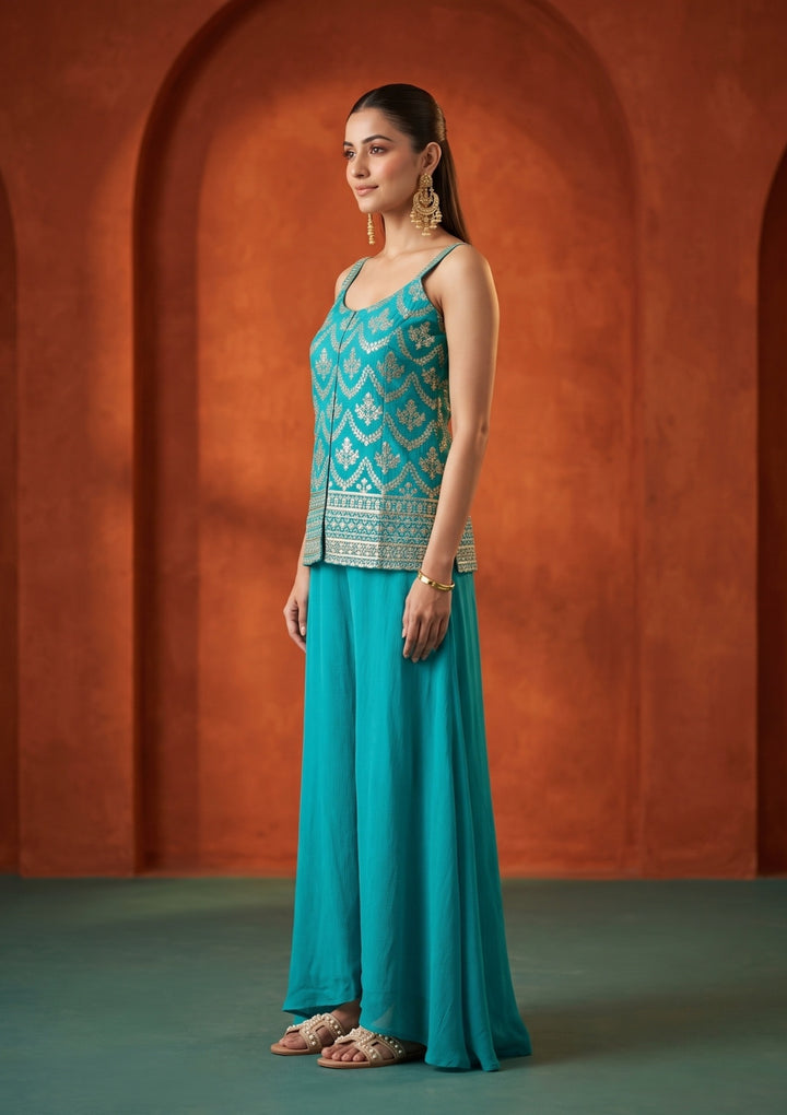 Turquoise Blue Chinon Gold Zariwork Peplum Kurta With Palazzo And Dupatta