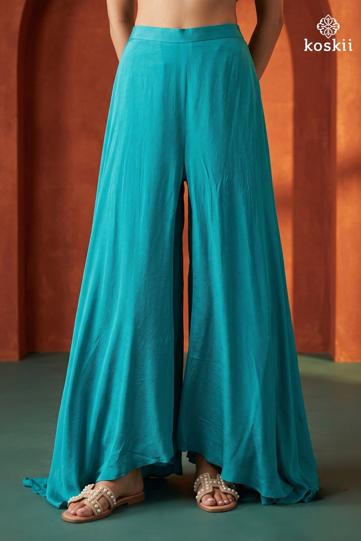 Turquoise Blue Chinon Gold Zariwork Peplum Kurta With Palazzo And Dupatta