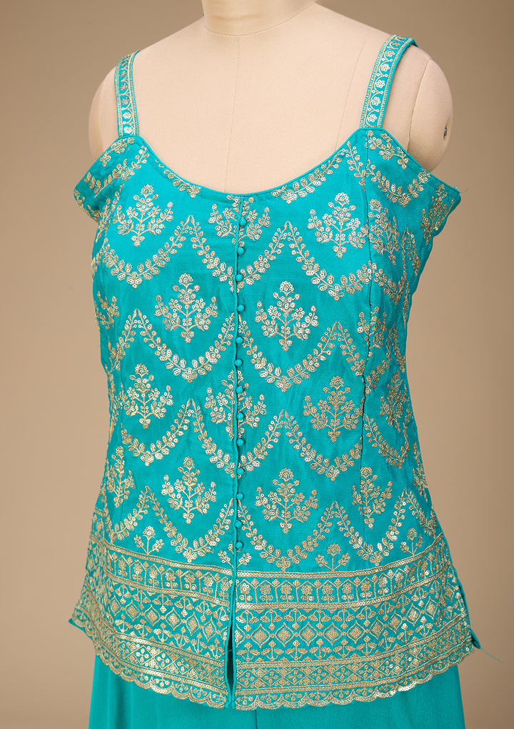 Turquoise Blue Chinon Gold Zariwork Peplum Kurta With Palazzo And Dupatta