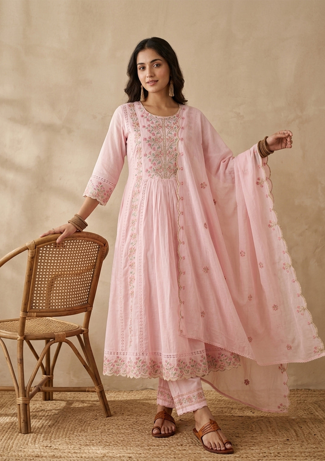 Baby Pink Threadwork Cotton Readymade Salwar Suit