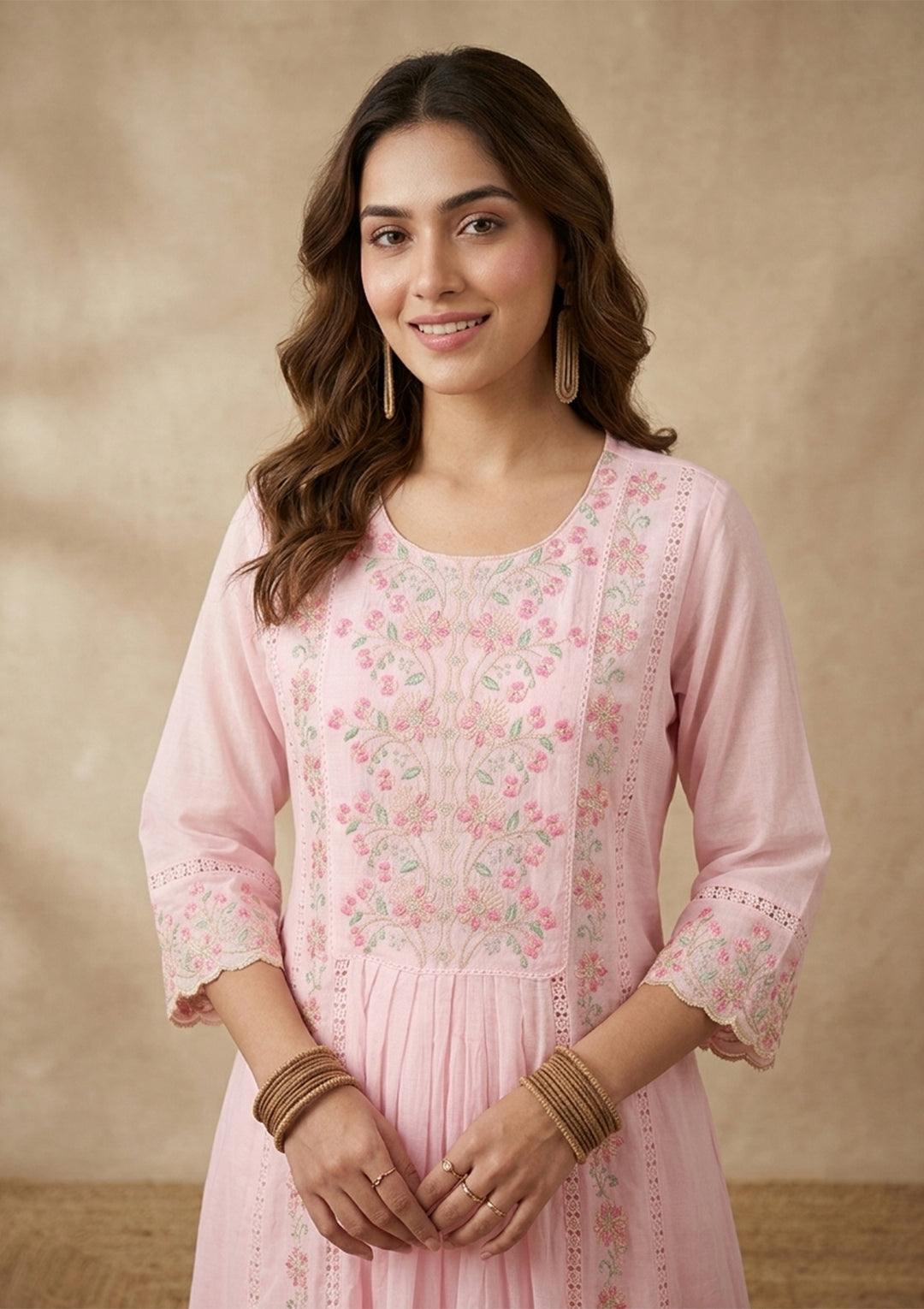 Baby Pink Threadwork Cotton Readymade Salwar Suit