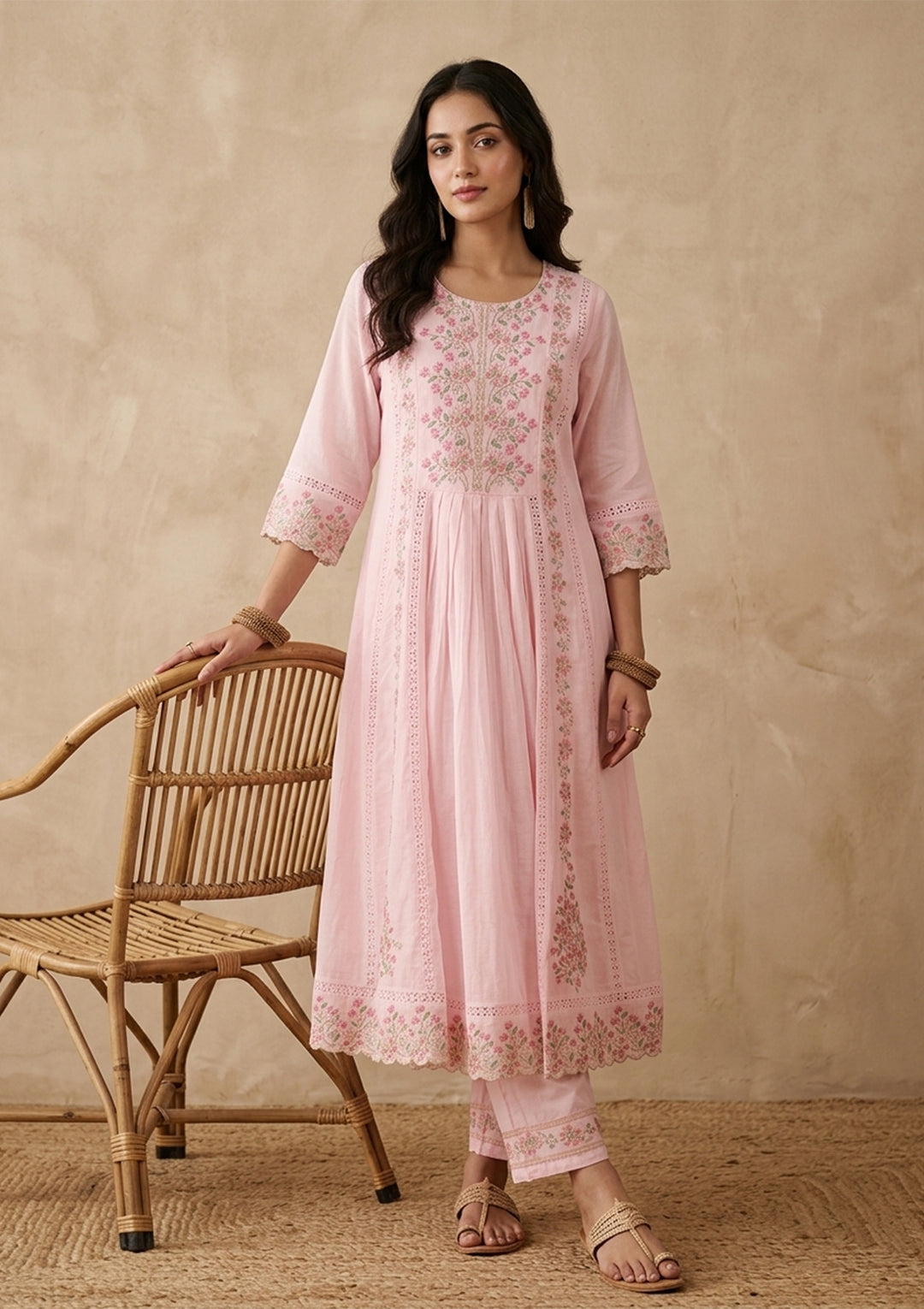 Baby Pink Threadwork Cotton Readymade Salwar Suit