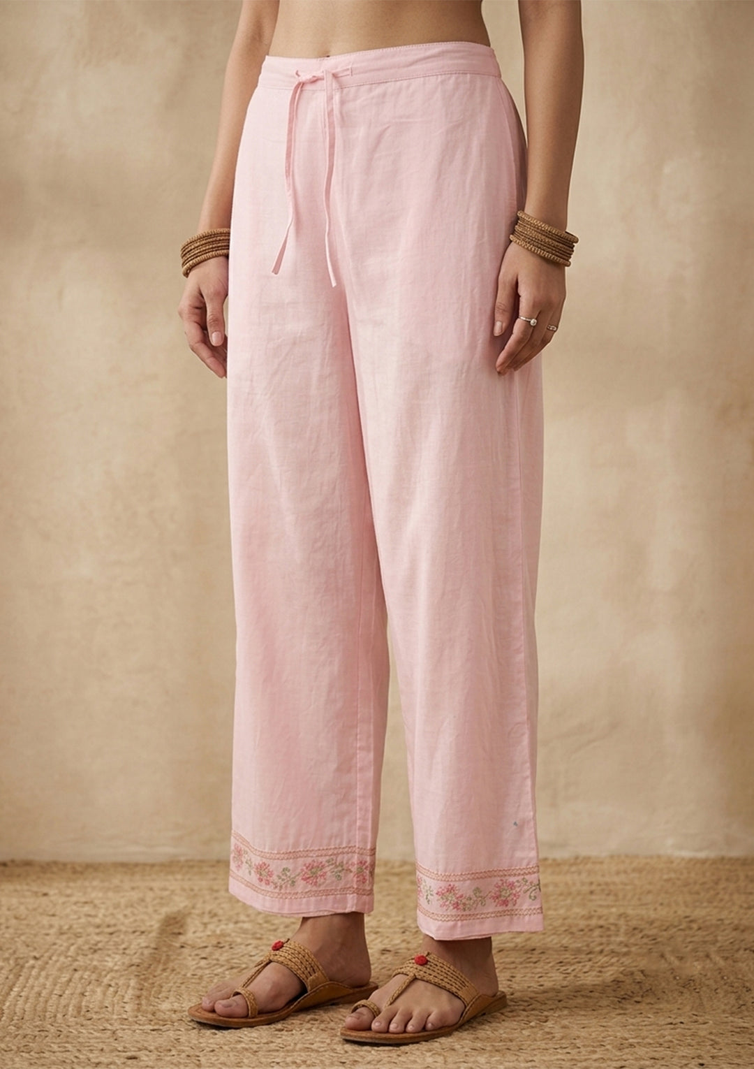 Baby Pink Threadwork Cotton Readymade Salwar Suit
