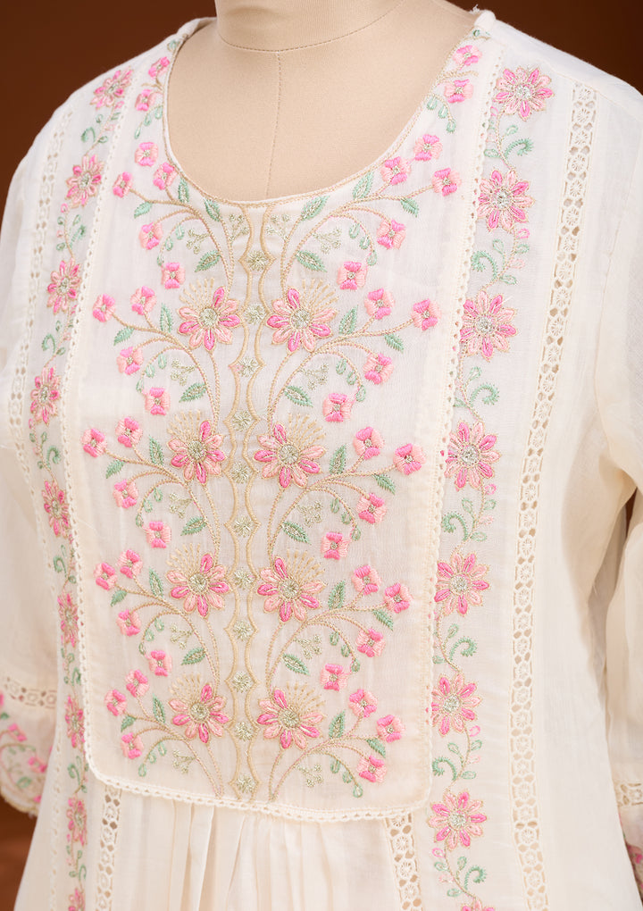 Cream Threadwork Cotton Readymade Salwar Suit