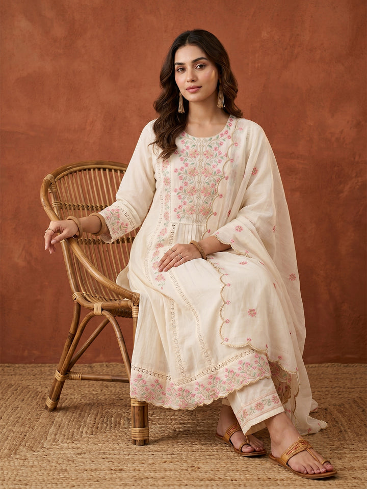 Cream Threadwork Cotton Readymade Salwar Suit