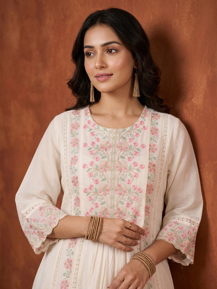 Cream Threadwork Cotton Readymade Salwar Suit